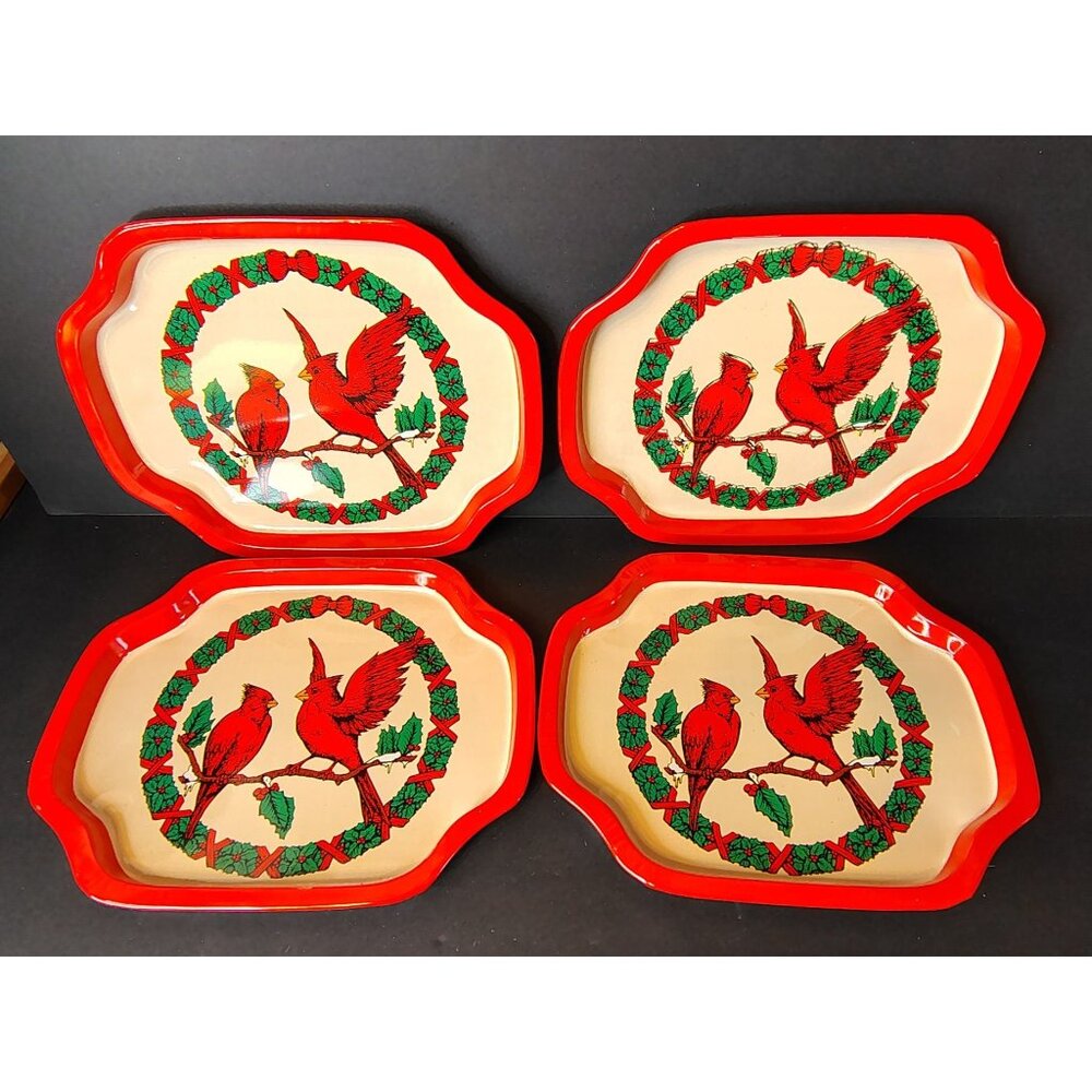 Vintage Set of 4 Tis the Season Christmas Canope Appetizer Trays, Cardinal Bird